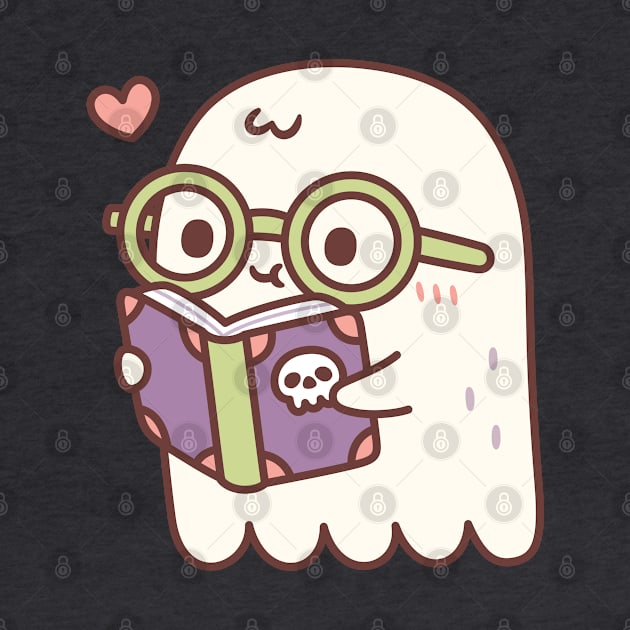 Cute Ghost Reading A Book With A Skull by rustydoodle